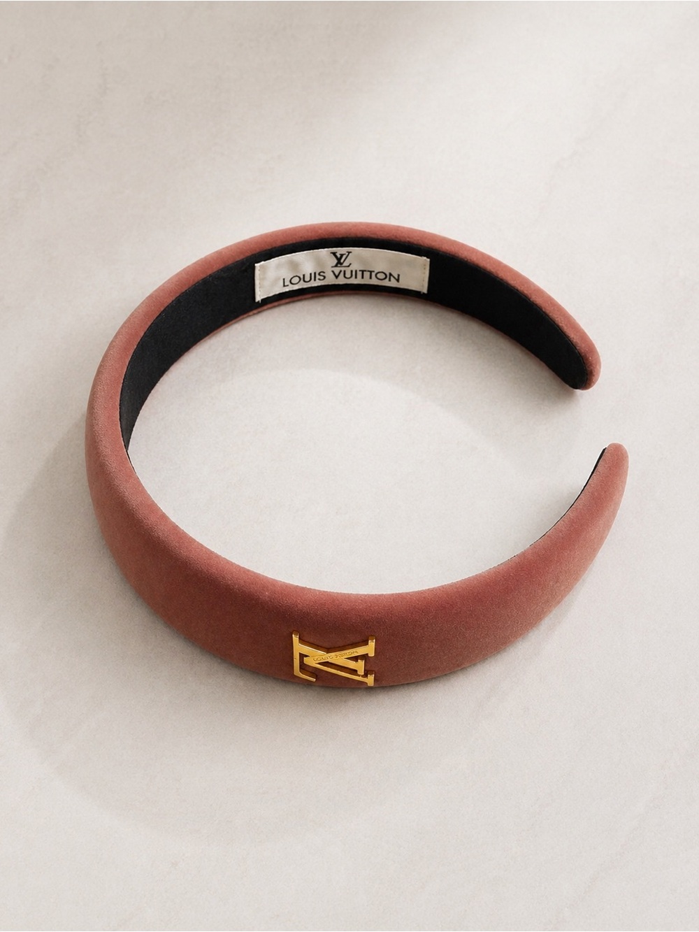 Louis Vuitton Rust-Brown Padded Headband with Gold LV Emblem - Picture 3 of 4